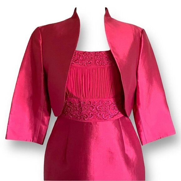 Talbots Womens Dress Set Sz 6 Red Silk Beaded Embroidered Sheath Bolero Jacket - Picture 3 of 14